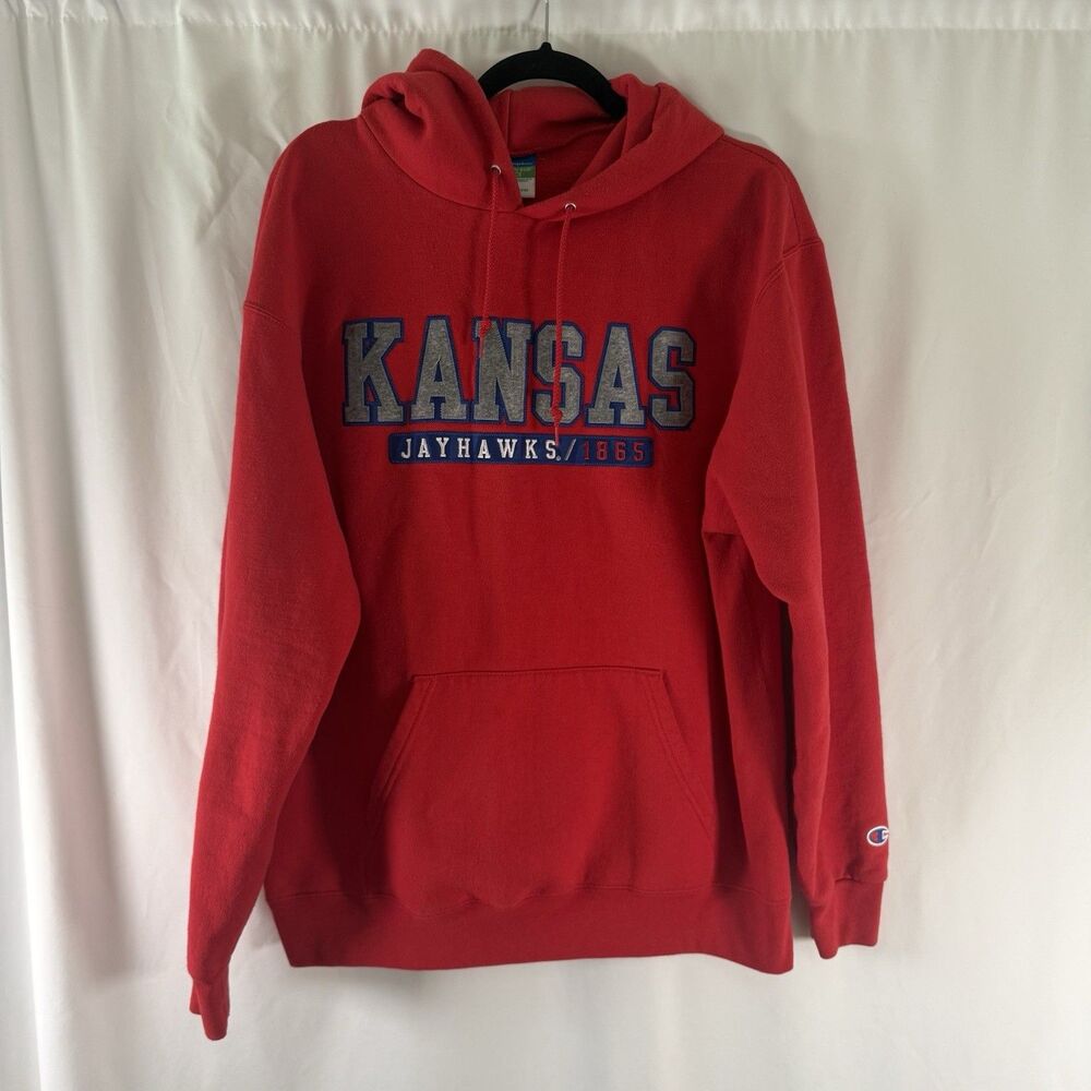 Champion Kansas Jayhawks Sweatshirt Men's Large Red Hooded Pullover Long Sleeve